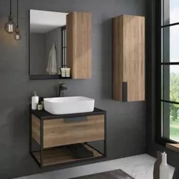 Тумба-умывальник COMFORTY «Кёльн-75», дуб темный с чёрной столешницей с раковиной T-Y9378