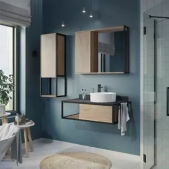 Тумба-умывальник COMFORTY «Лиссабон-95» дуб тёмный, с левой чёрной столешницей, c раковиной