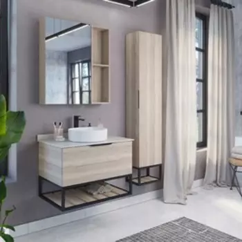 Тумба-умывальник COMFORTY «Порто-75» дуб дымчатый с белой столешницей c раковиной 9110