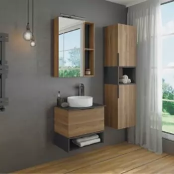 Тумба-умывальник «Штутгарт-60», дуб тёмно-коричневый, с чёрной столешницей, с раковиной 9111