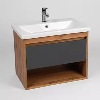 Тумба VIANT «Бостон» 1 ящик, подвесная, 425х655х500 мм, дуб вотан/графит, с раковиной COMO 70 1024