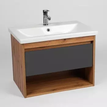 Тумба VIANT «Бостон» 1 ящик, подвесная, 425х760х500 мм, дуб вотан/графит, с раковиной COMO 80 1024