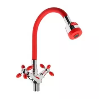 УЦЕНКА Смеситель для кухни ZEIN ZC2026, гибкий силикон излив, кран-букса латунь 1/2", красный/хром