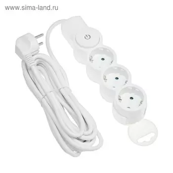 Удлинитель duwi, 3 розетки, 5 м, 10 А, 2200 Вт, ПВС 3х0.75 мм2, с з/к, с выключателем, белый