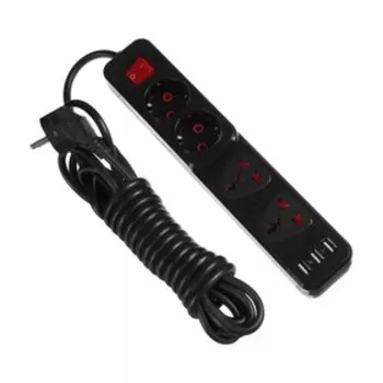 Удлинитель Luazon Lighting, 2 евро+2 унив.роз., 5 м, 2200Вт, 2х0.5 мм2, 3хUSB, с выкл., Ч