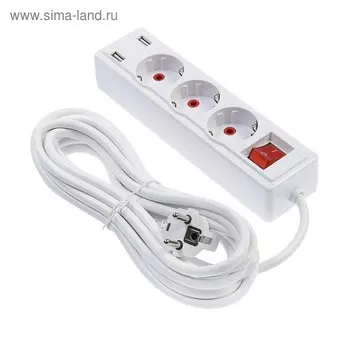 Удлинитель Luazon Lighting, 3 розетки, 5 м, 10 А, 2200 Вт, 2х0.75 мм2, 2хUSB, с выкл., Б