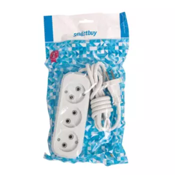 Удлинитель Smartbuy, 3 розетки, 1.5 м, 10 А, 2200 Вт, ПВС 2х1 мм2, без з/к, белый