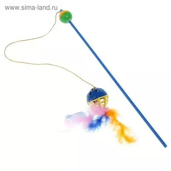 Удочка с погремушкой, бубенчиком и пером, Зооник, 37 см, микс