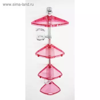 Угловая полка, алюминиевая трубка, 4 полки, мыльница и стакан, цвет прозрачно-красный