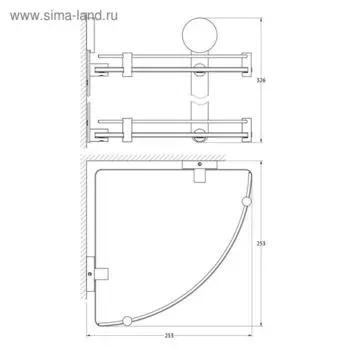 Угловая полка двухъярусная, ширина 26 см, матовое стекло, хром