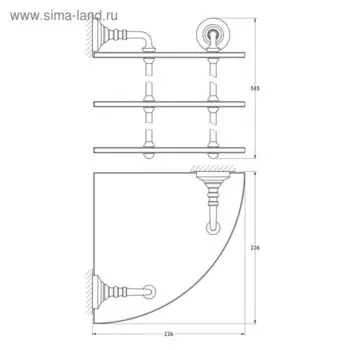 Угловая полка трёхъярусная, ширина 23 см, стекло, античное серебро