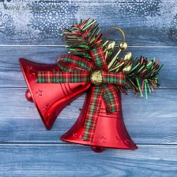 Ёлочная игрушка «Зимнее волшебство. Колокольчик двойной с бантиком в клетку» пластик, 1310 см, красный