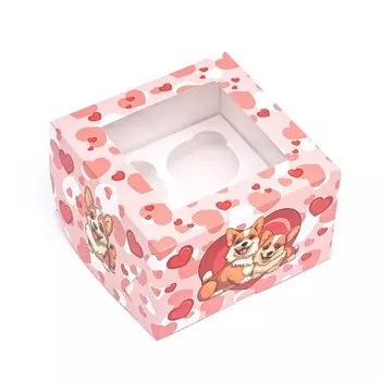 Упаковка на 4 капкейка с окном, розовая "Корги", 16 х 16 х 10 см