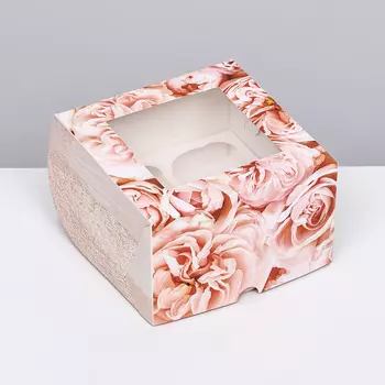 Коробка для 4 капкейков с окном, «Пионы», 161610 см