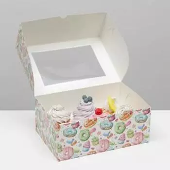 Упаковка на 6 капкейков с окном "Пончики", 25 х 17 х 10 см