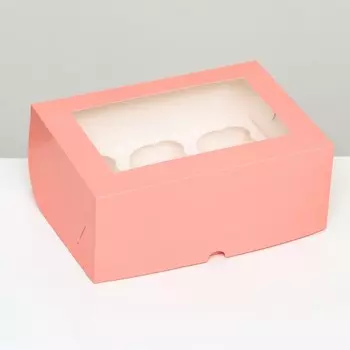 Коробка для 6 капкейков с окном, розовая, 25 х 17 х 10 см