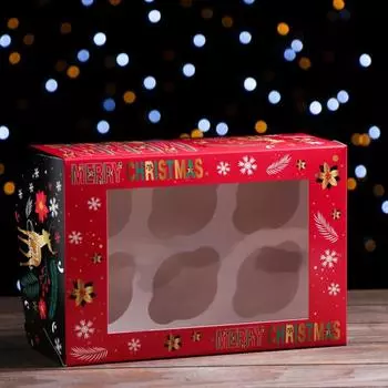 Упаковка на 6 капкейков с окном Merry Christmas, 251710 см