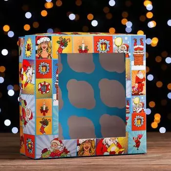 Коробка для 9 капкейков с окном подарочная новогодняя упаковка, «Новогодний сюрприз», 252510 см