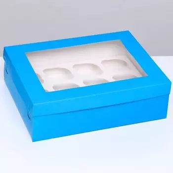 Коробка для 12 капкейков с окном, голубая, 32,5 х 25,5 х 10 см