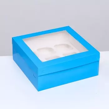 Коробка для 9 капкейков с окном, голубая, 25 х 25 х 10 см