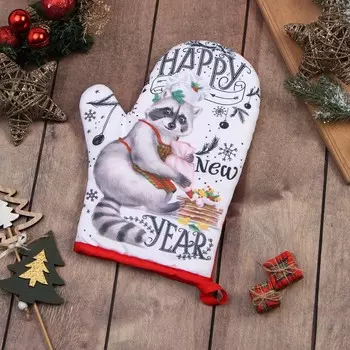 Варежка-прихватка новогодняя "Happy new year" 20х27см,100% п/э