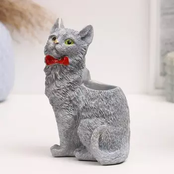 Ваза - карандашница "Кот с бантом" 15х12х10см, серый