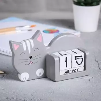 Вечный календарь "Кот", дерево албезия, ручная работа
