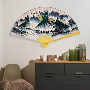 Веер большой складной «Река и горы», настенный декор, белый, бамбук, текстиль, h=90 см