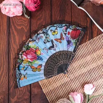 Веер пластик, текстиль "Бабочки и розы" чёрное кружево МИКС 23 см