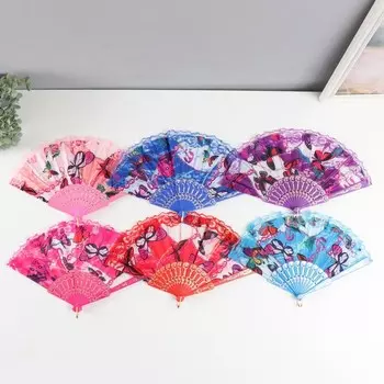 Веер пластик, текстиль "Бабочки в кружевах" МИКС 23 см