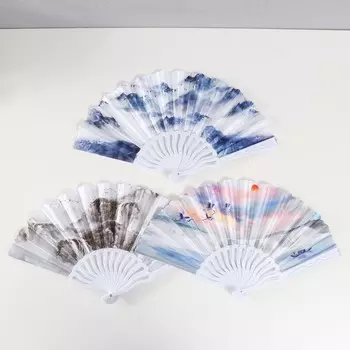 Веер пластик, текстиль "Пейзаж" МИКС 23 см