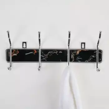 Вешалка настенная на 4 двойных крючка Доляна «Мрамор чёрный», 33,5×13×6 см, цвет хром