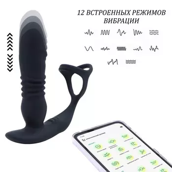 Вибромассажер простаты с эрекционным кольцом, фрикции, APP, 12 режимов, черный