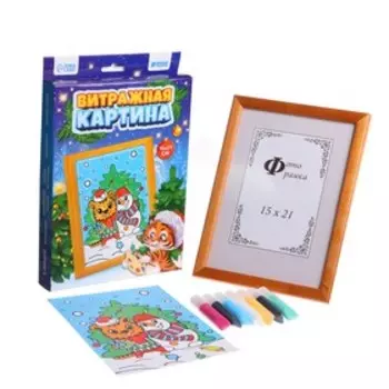 Витражная картина «Тигр и снеговичок» 15х20 см