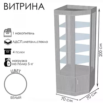 Витрина К 700уд, 7007002000, ЛДСП, стекло, белая