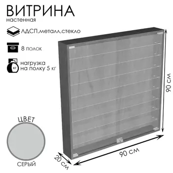 Витрина настенная, 8 полок, 900200900, ЛДСП, стекло серая