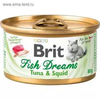 Влажный корм Brit Fish Dreams для кошек, тунец и кальмар, 80 г