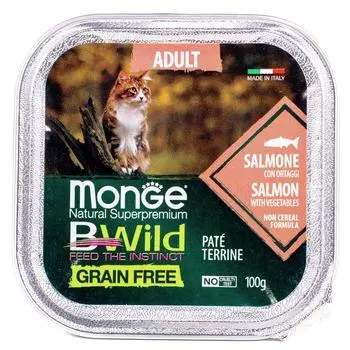 Влажный корм Monge Cat BWild GRAIN FREE для кошек, лосось/овощи, консервы, 100 г