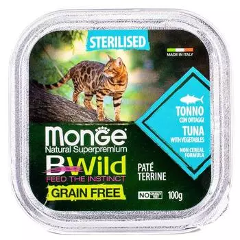 Влажный корм Monge Cat BWild GRAIN FREE для стерилизованных кошек, тунец/овощи, 100 г