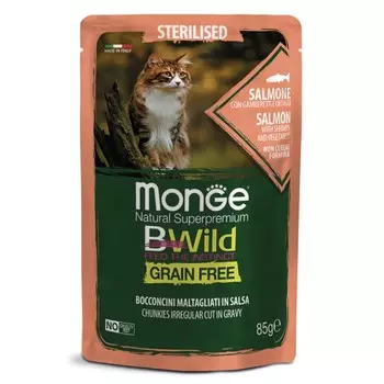 Влажный корм Monge Cat BWild GRAIN FREE sterilised для кошек, лосось/креветки/овощи, 85г 545041