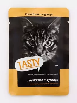 Влажный корм Tasty для кошек,говядина и курица в желе, пауч, 85 г