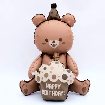 Воздушный шар фольгированный 23" «Мишка с тортом», фигура, матовый