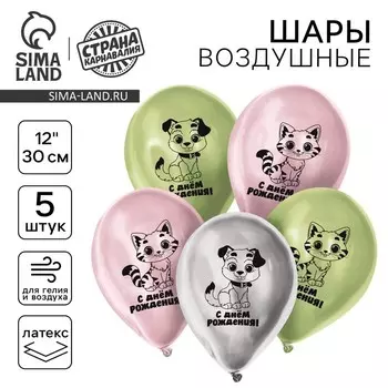 Воздушный шар латексный 12" «С днём рождения», котик и собачка, хром, 5 шт