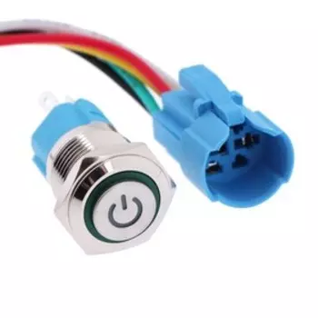 Выключатель, 12 В, 3 А, 5 pin, IP67, d 16мм, провод 15 см, зеленый