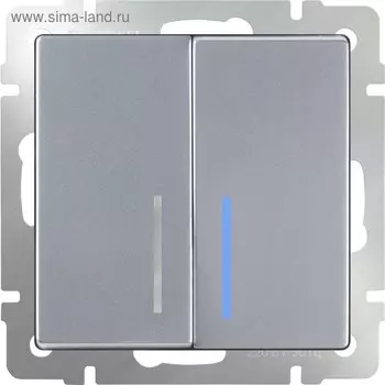 Выключатель двухклавишный проходной с подсветкой WL06-SW-2G-2W-LED, цвет серебряный