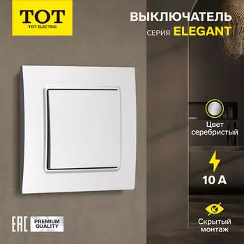Выключатель проходной TOT Elegant, 10 А, 1 клавиша, скрытый монтаж, серебристый