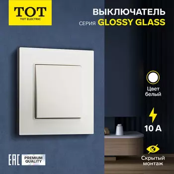 Выключатель проходной TOT Glossy Glass, 10 А, 1 клавиша, скрытый монтаж, стеклянная рамка, белый