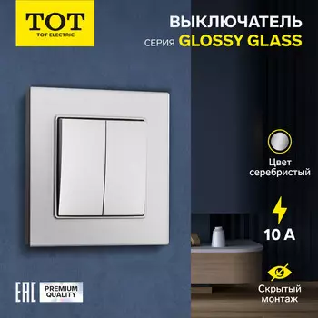 Выключатель проходной TOT Glossy Glass, 10 А, 2 клавиши, скрытый монтаж, стеклянная рамка, серебристый