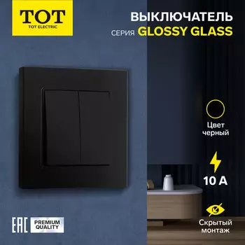 Выключатель проходной TOT Glossy Glass, 10 А, 2 клавиши, скрытый монтаж, стеклянная рамка, чёрный