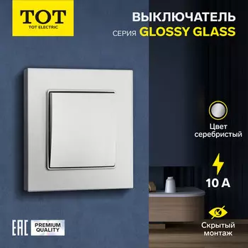 Выключатель проходной TOT Glossy Glass, 10 А, 1 клавиша, скрытый монтаж, стеклянная рамка, серебристый